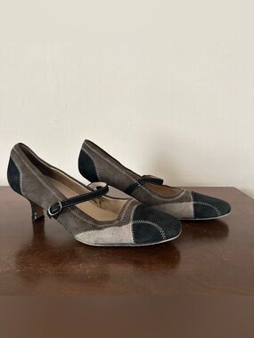 Karen Scott Black & Gray Mary Jane Kitten Heels in Patchwork Suede, s 8